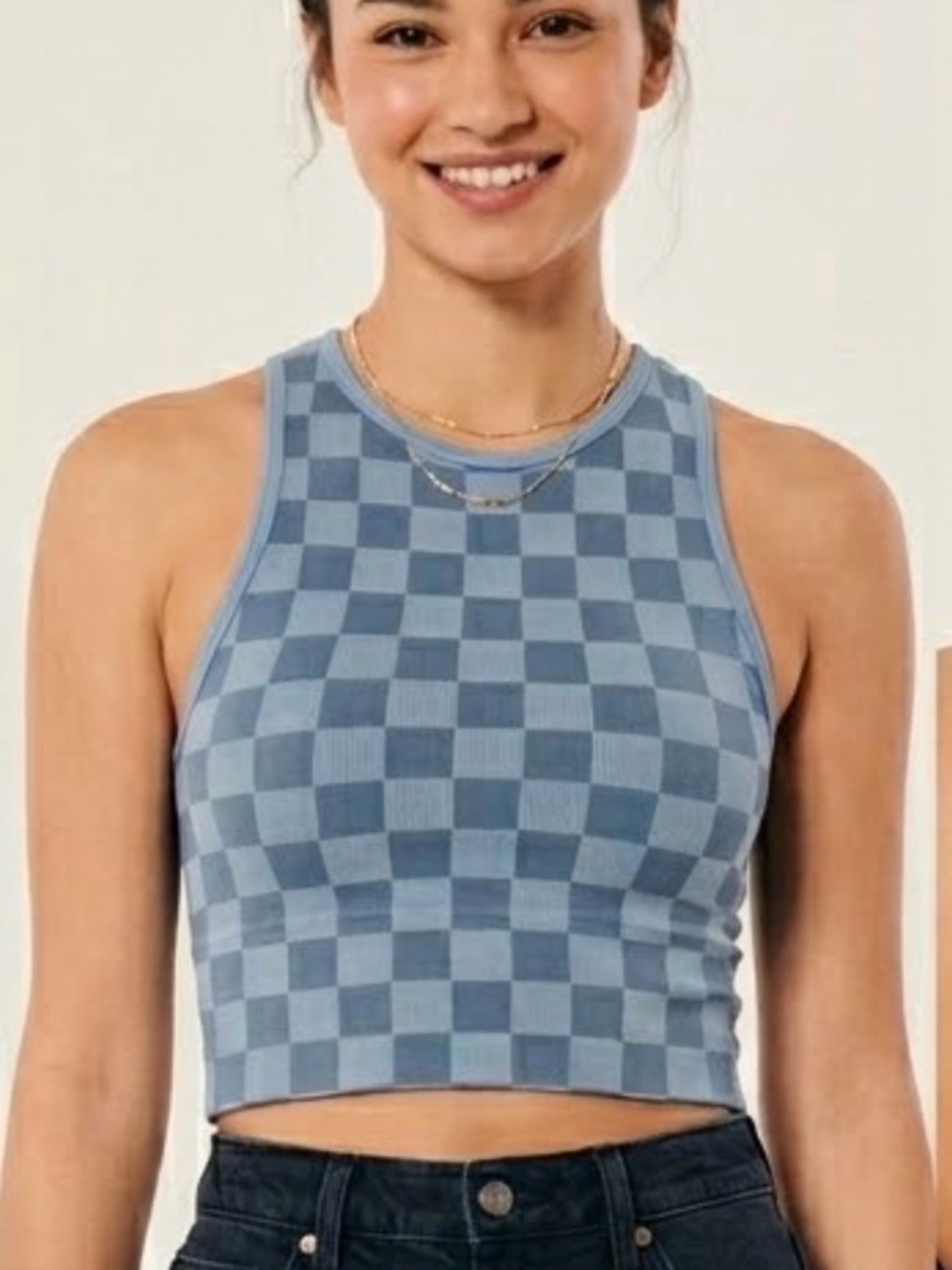 Gilly Hicks XS Checkered Seamless High Neck Crop Top Blue/Grey